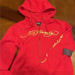 Ed Hardy Vibrant Red Hoodie with Gold Script